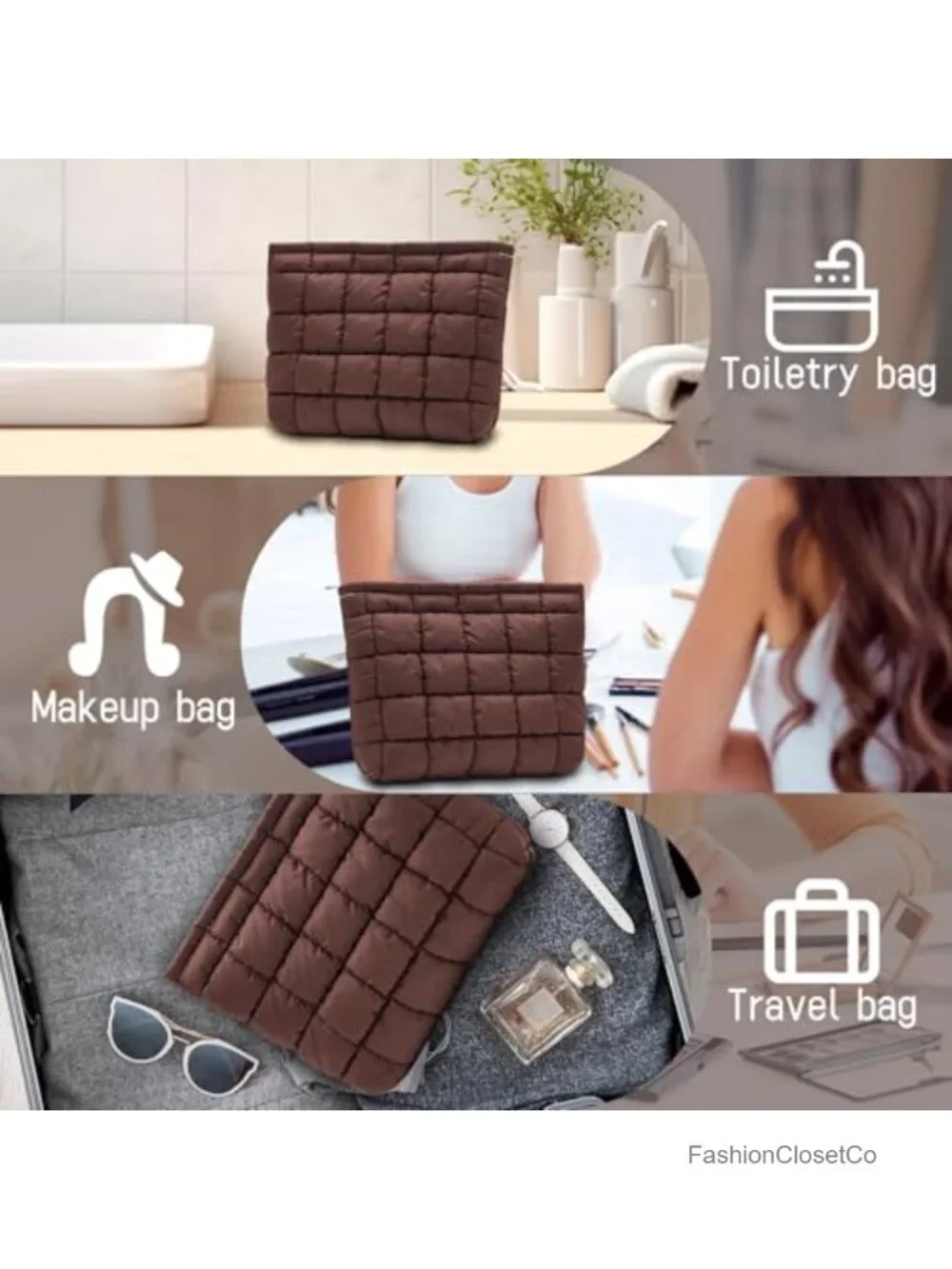 Quilted Puffy Makeup Bag Cosmetic Pouch Travel Toiletry Organizer Zipper